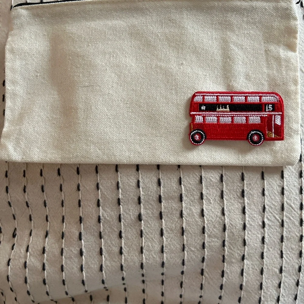 Cream Canvas Zip Pouch with Red London Phone Booth and Double Decker Bus Patch